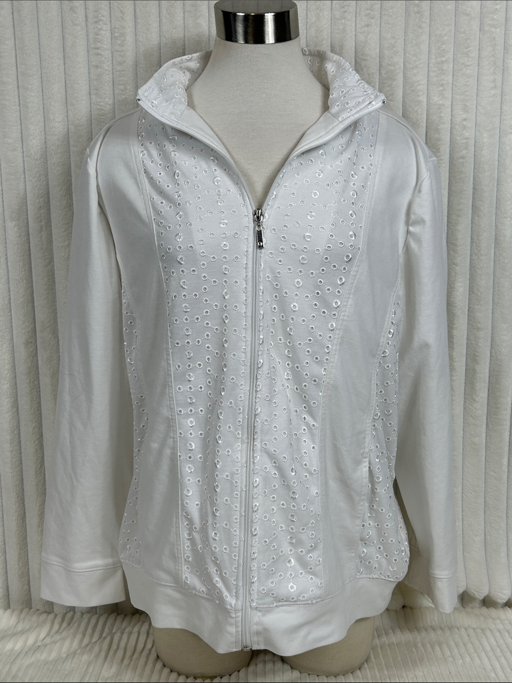 Allison Daley White Eyelet Zip-Up lightweight Jacket L